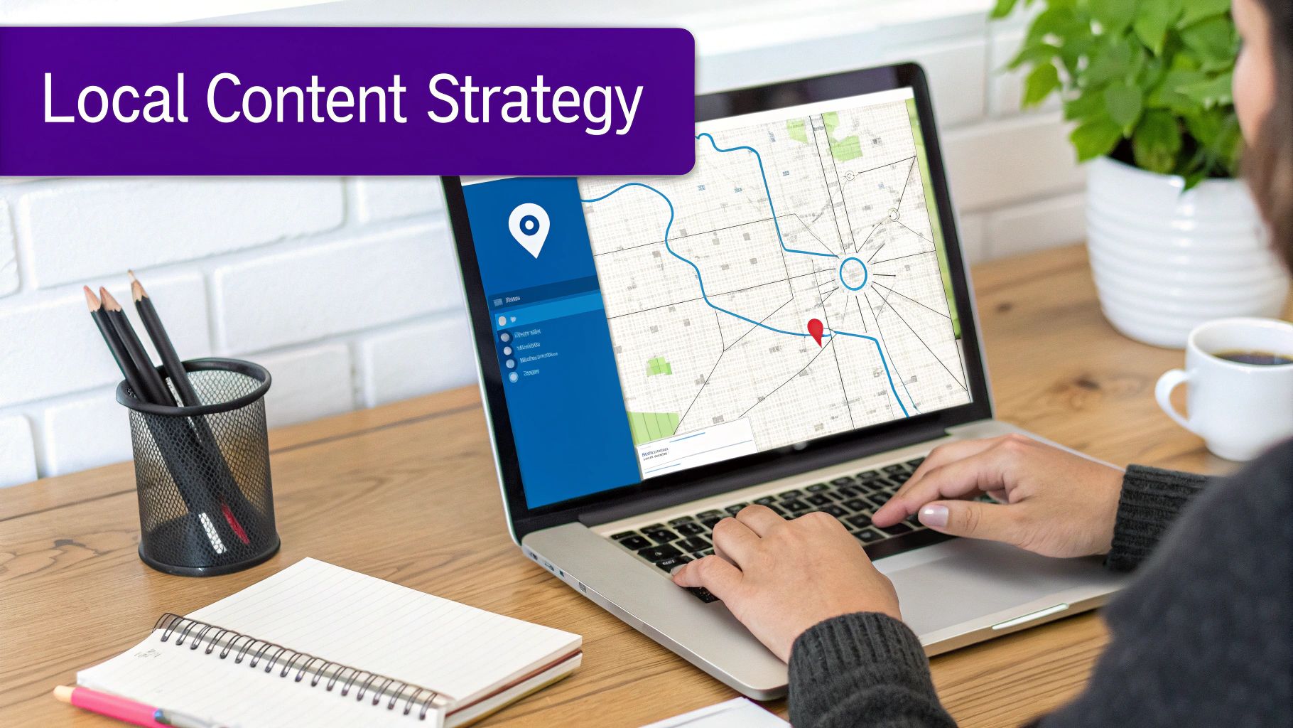 Person typing on a laptop displaying a map and 'Local Content Strategy' title, on a wooden desk.