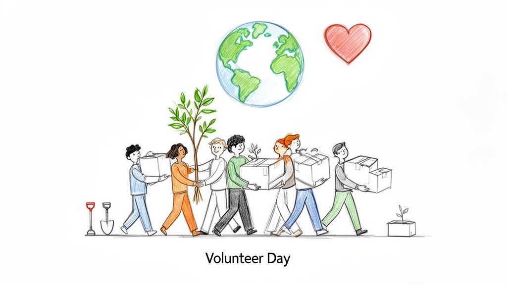 Illustration of diverse volunteers planting trees and carrying boxes, symbolizing community and environmental care.