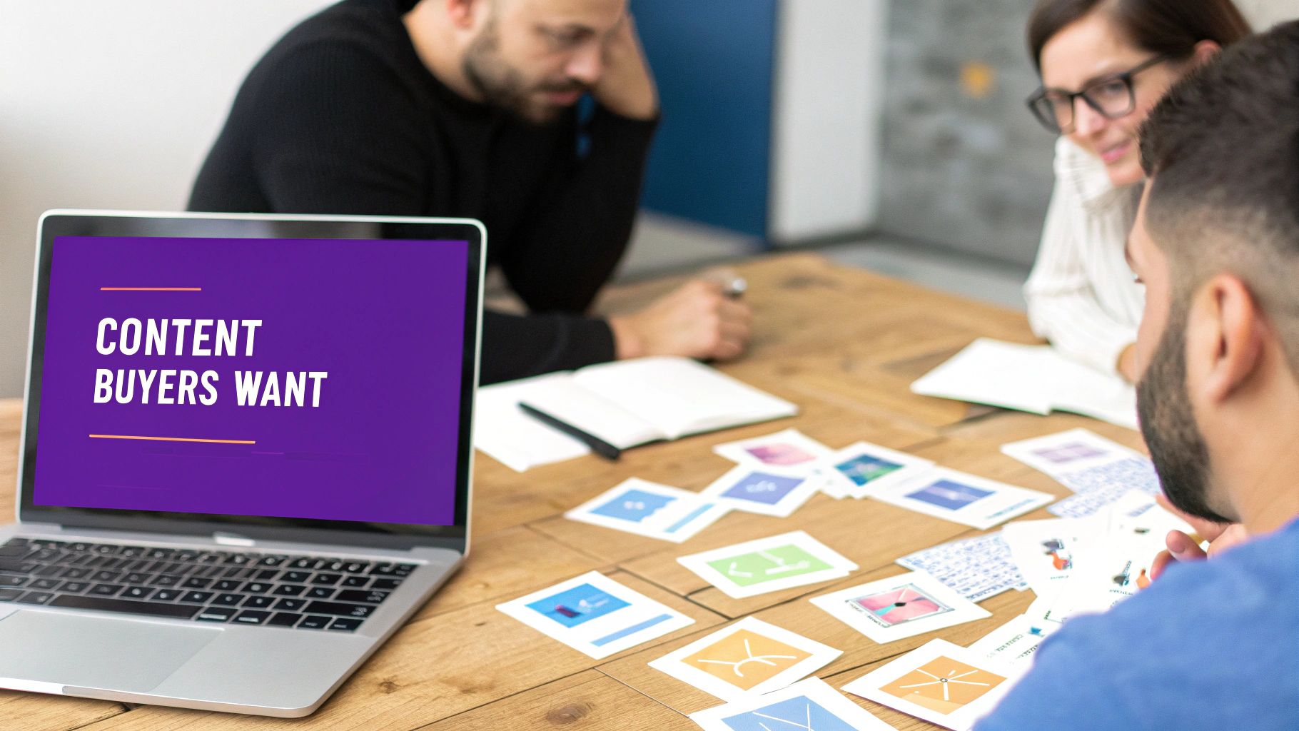 A team discusses content strategy around a table with a laptop displaying 'CONTENT BUYERS WANT' and scattered cards.