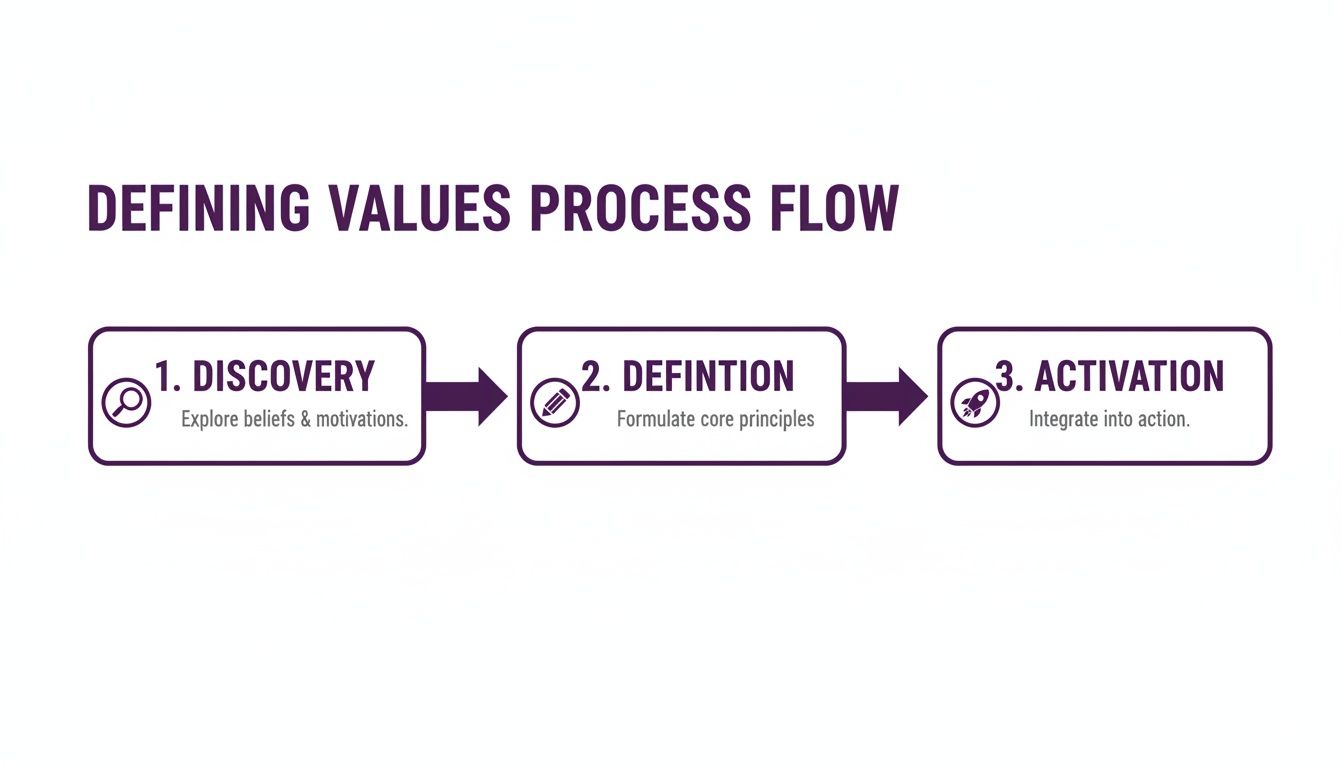 A visual process flow diagram illustrating three key steps for defining organizational values.