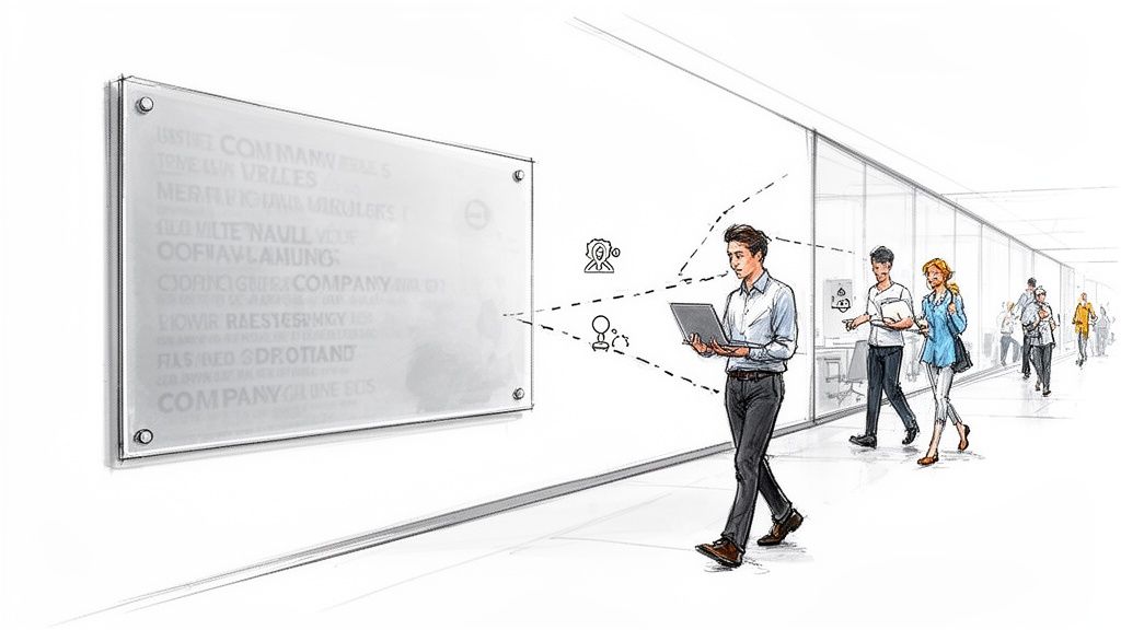An illustration of a man walking while looking at his laptop, interacting with a smart display board.