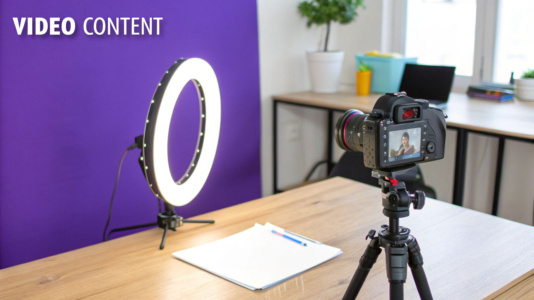 Professional camera on a tripod and ring light ready for video content creation on a wooden desk.