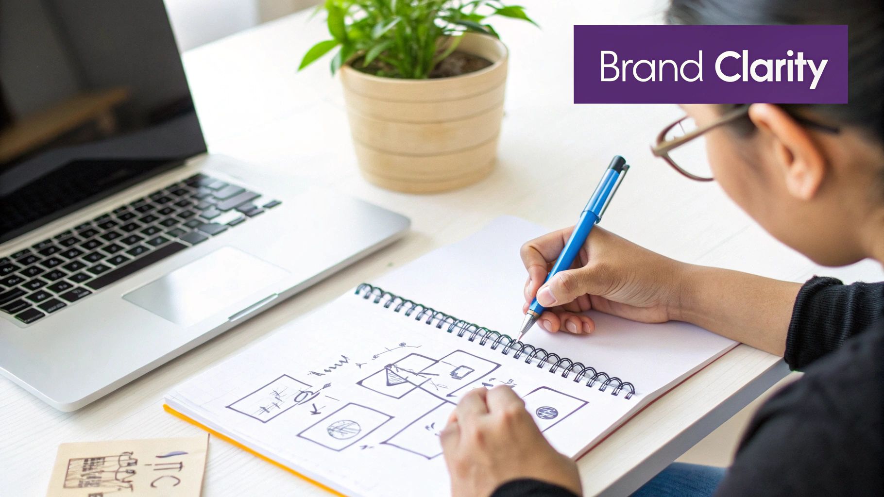 Person sketching brand strategy concepts in a notebook next to a laptop, with a 'Brand Clarity' banner.