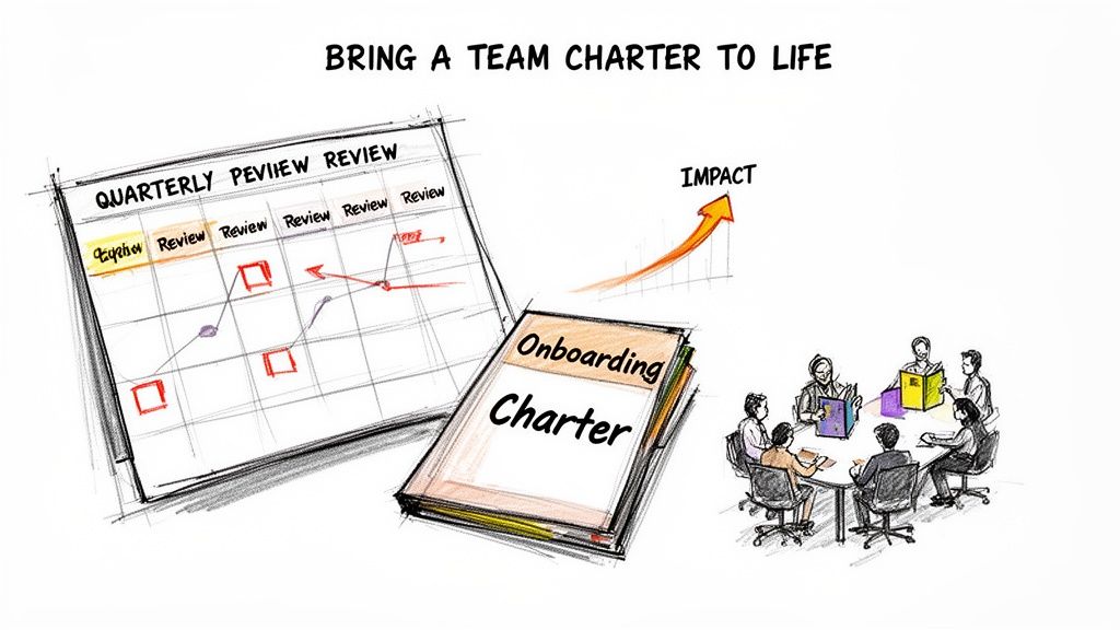 Illustration depicting a quarterly review process, an onboarding charter document, and a team collaborating to achieve impact.