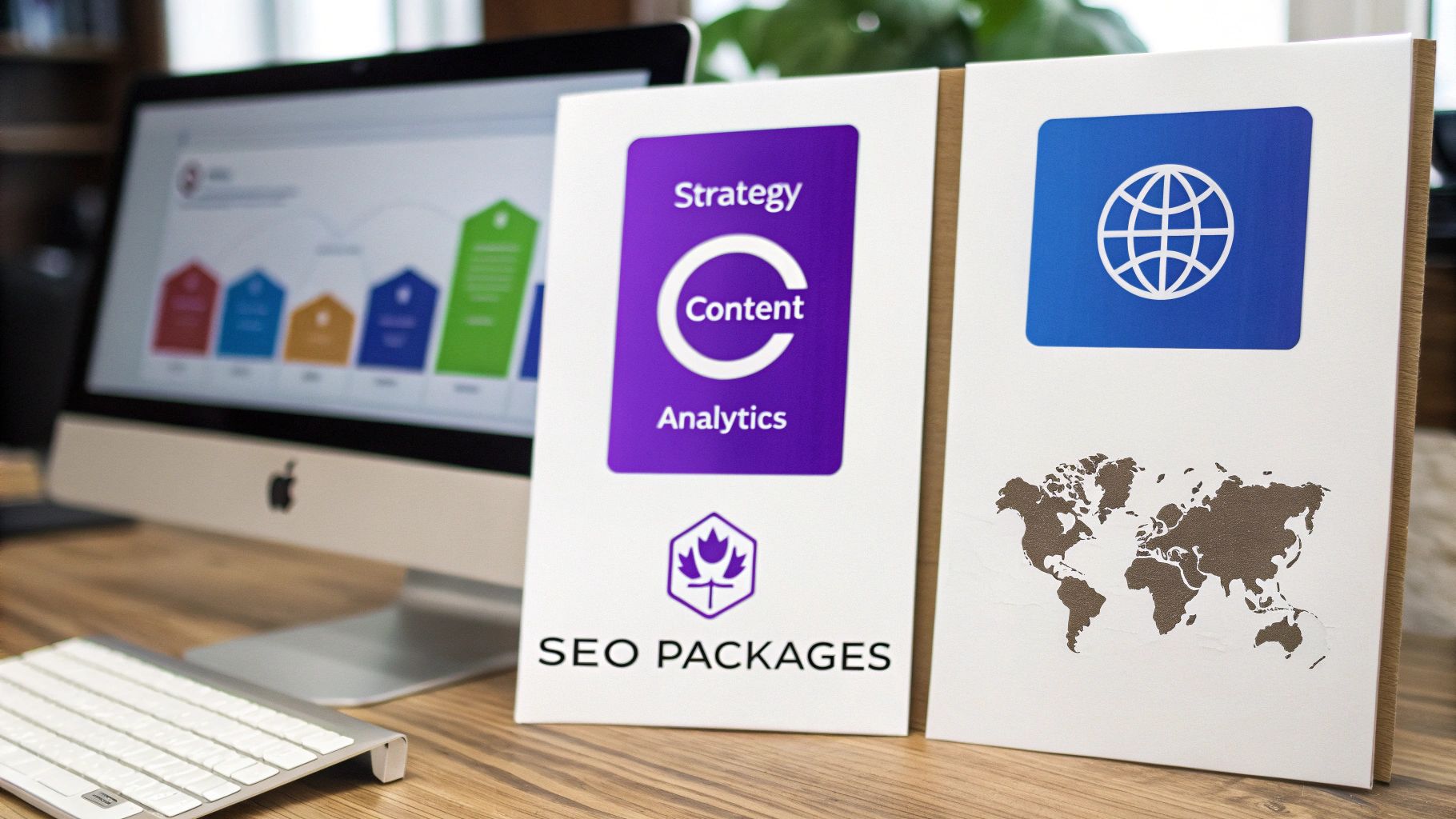 SEO packages poster featuring strategy content analytics icons displayed on office desk with computer