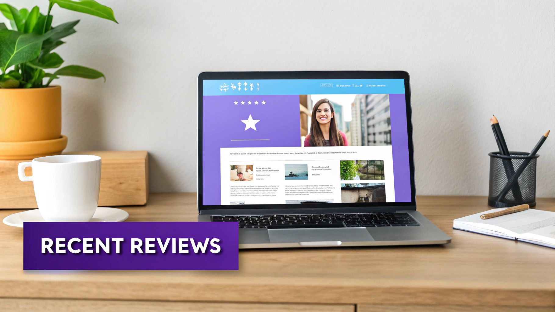 A laptop on a wooden desk shows a website with customer testimonials, star ratings, and a woman's photo. A coffee cup, plant, and 'RECENT REVIEWS' banner are also visible.