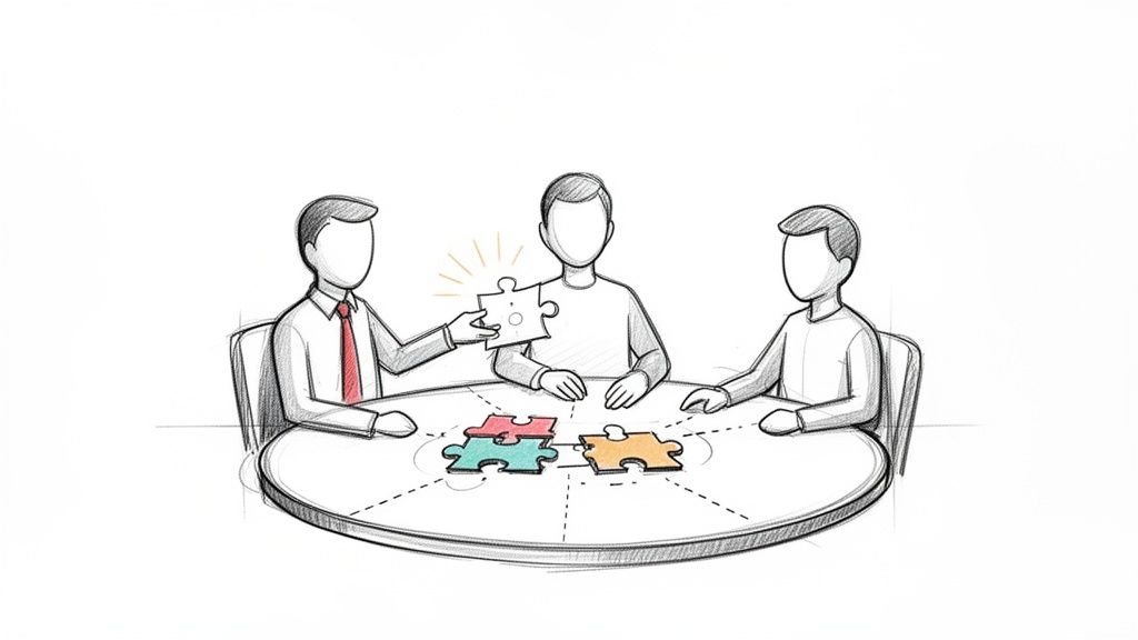 Three sketched figures collaborate around a table, assembling puzzle pieces, symbolizing teamwork and problem-solving.