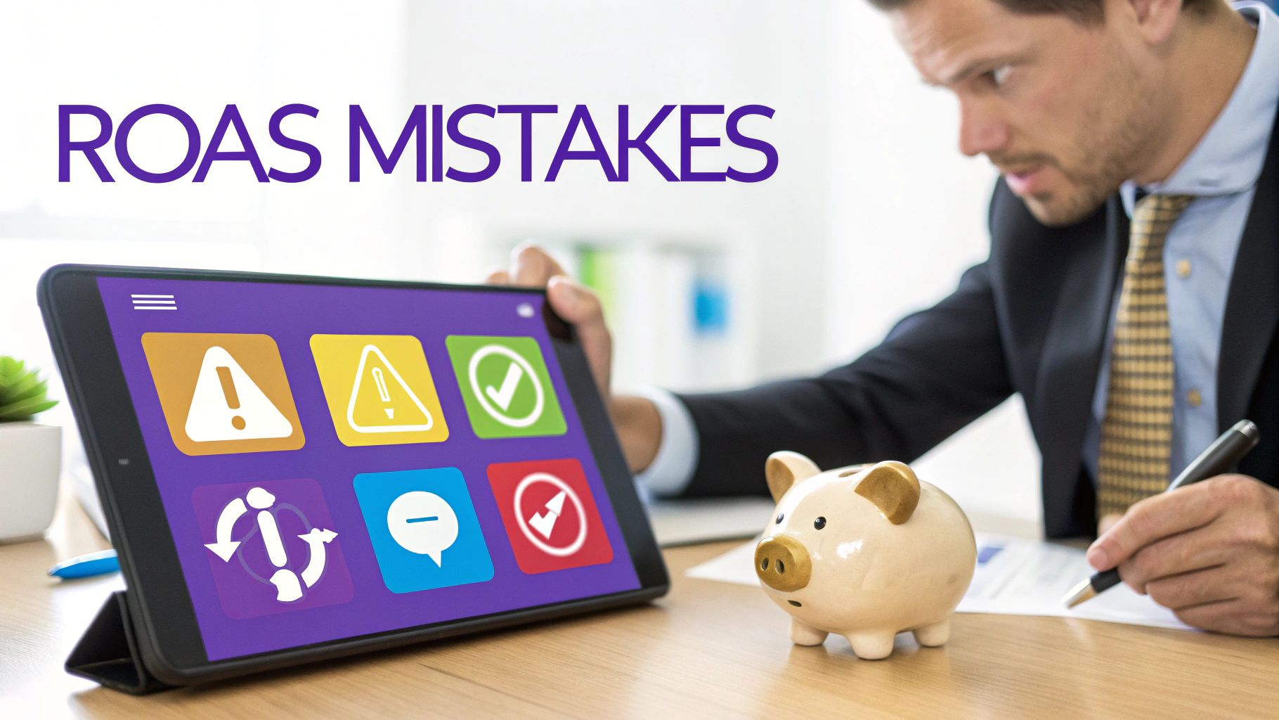 A man analyzing ROAS mistakes on a tablet with icons, a piggy bank, and a pen.