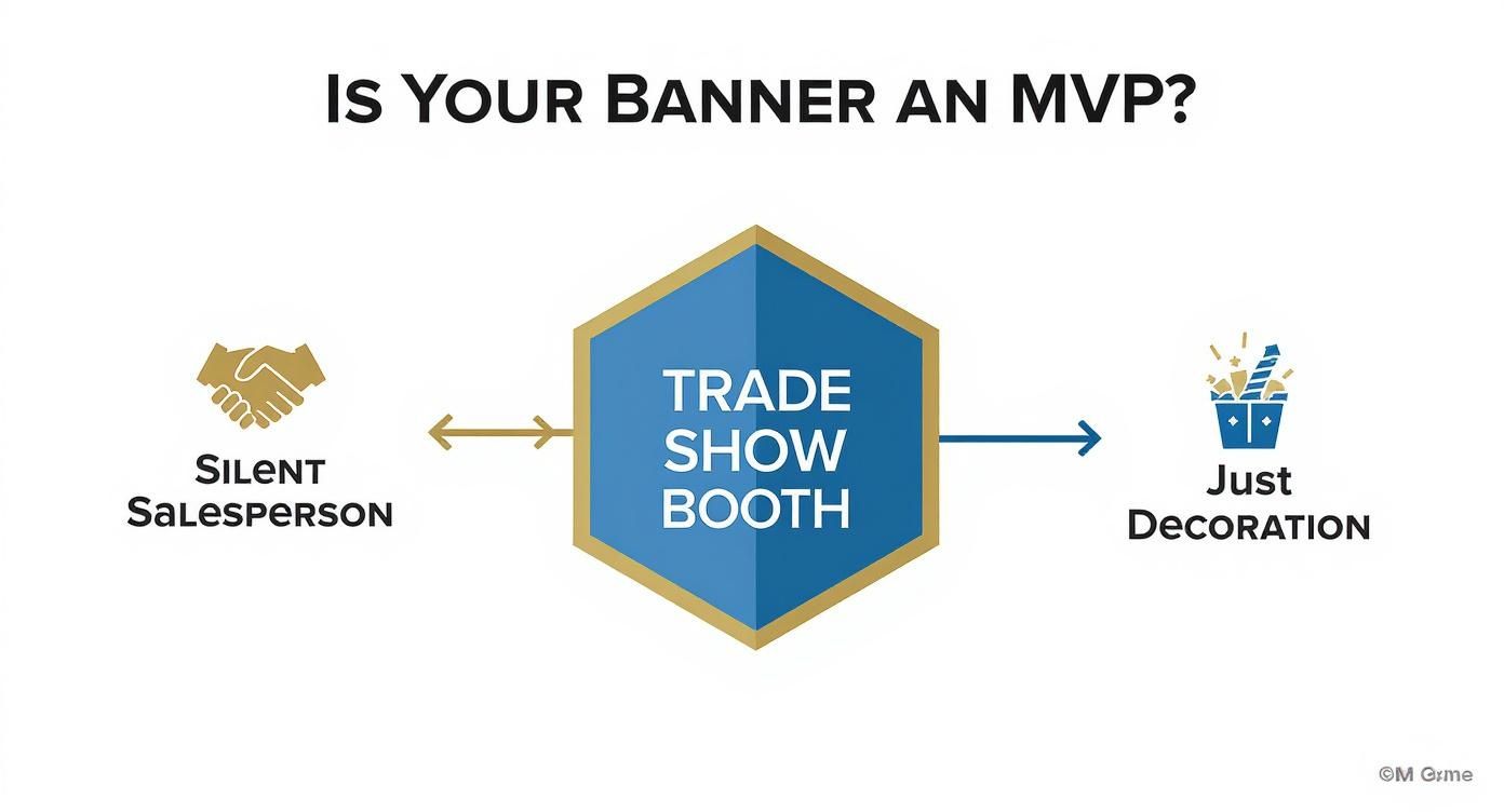 Trade show booth diagram comparing silent salesperson approach versus decorative banner only strategy