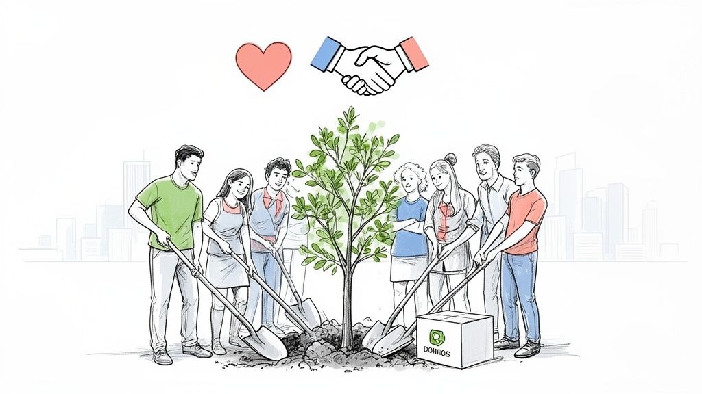 A diverse group of people planting a tree together, symbolizing community, teamwork, and environmental care.