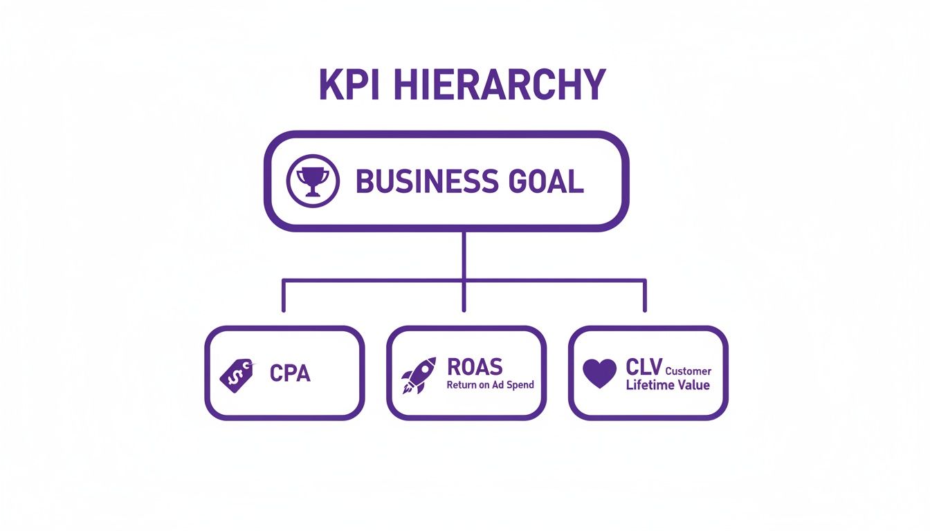 Diagram illustrating a KPI hierarchy with a business goal at the top, leading to CPA, ROAS, and CLV.