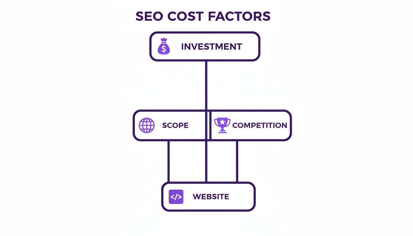 Diagram illustrating key factors that determine the cost of SEO services.
