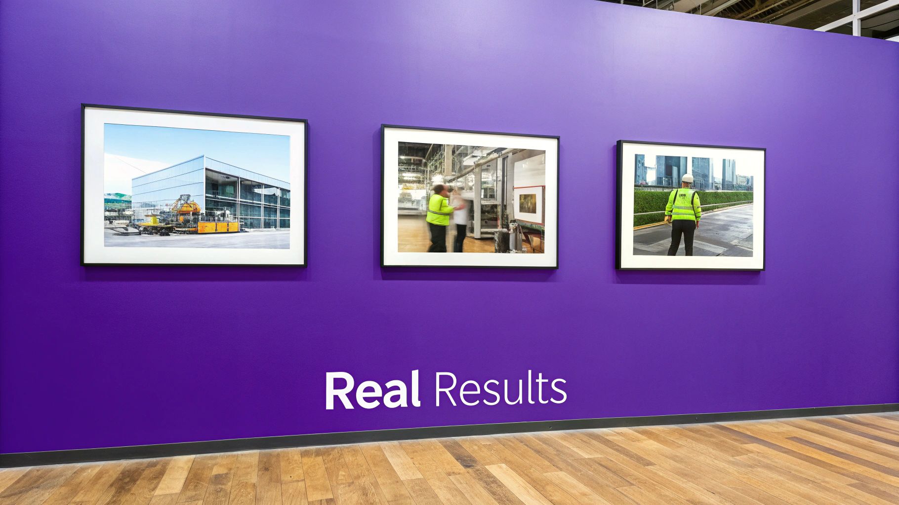 Three framed industrial photographs and 'Real Results' text on a vibrant purple gallery wall with a wooden floor.
