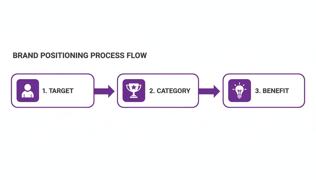 A three-step brand positioning process flow diagram with target, category, and benefit.