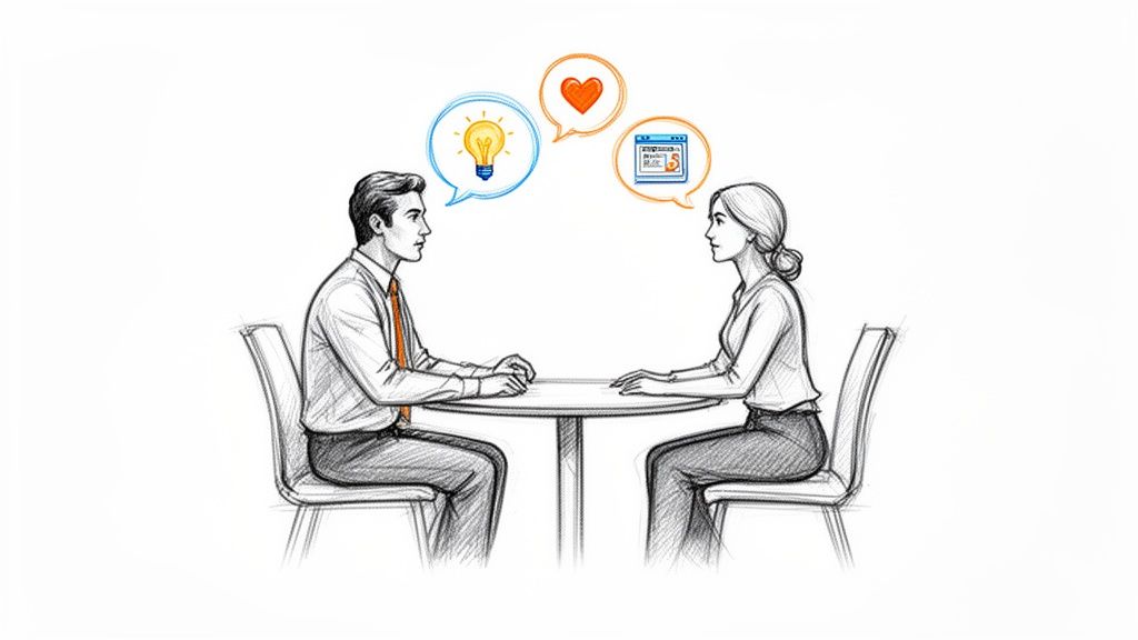 Sketch of a man and a woman in a one-on-one meeting, exchanging ideas, thoughts, and plans.