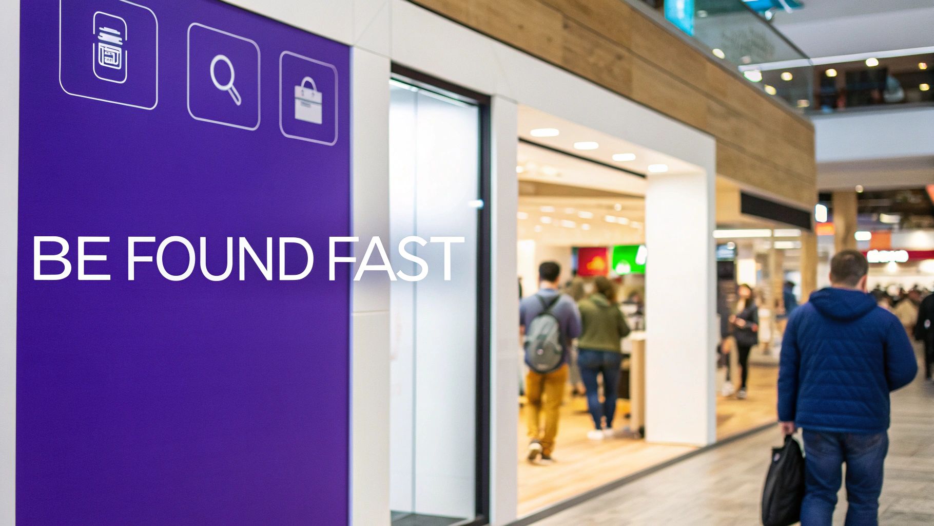 Purple mall directory sign reading be found fast with shoppers walking in modern shopping center