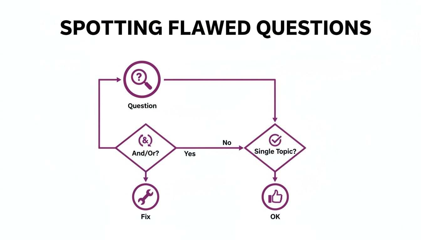 Flowchart illustrating the process of spotting and fixing flawed survey questions.
