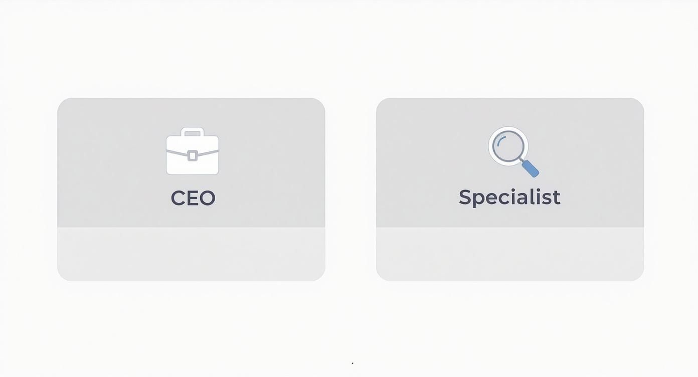 Two white cards presenting career options: CEO with a briefcase, and Specialist with a magnifying glass.