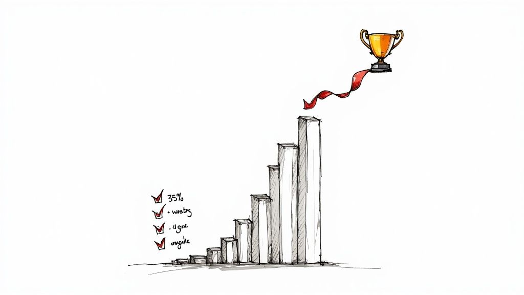 Checklist with tasks completed, showing a bar graph towards a golden trophy.