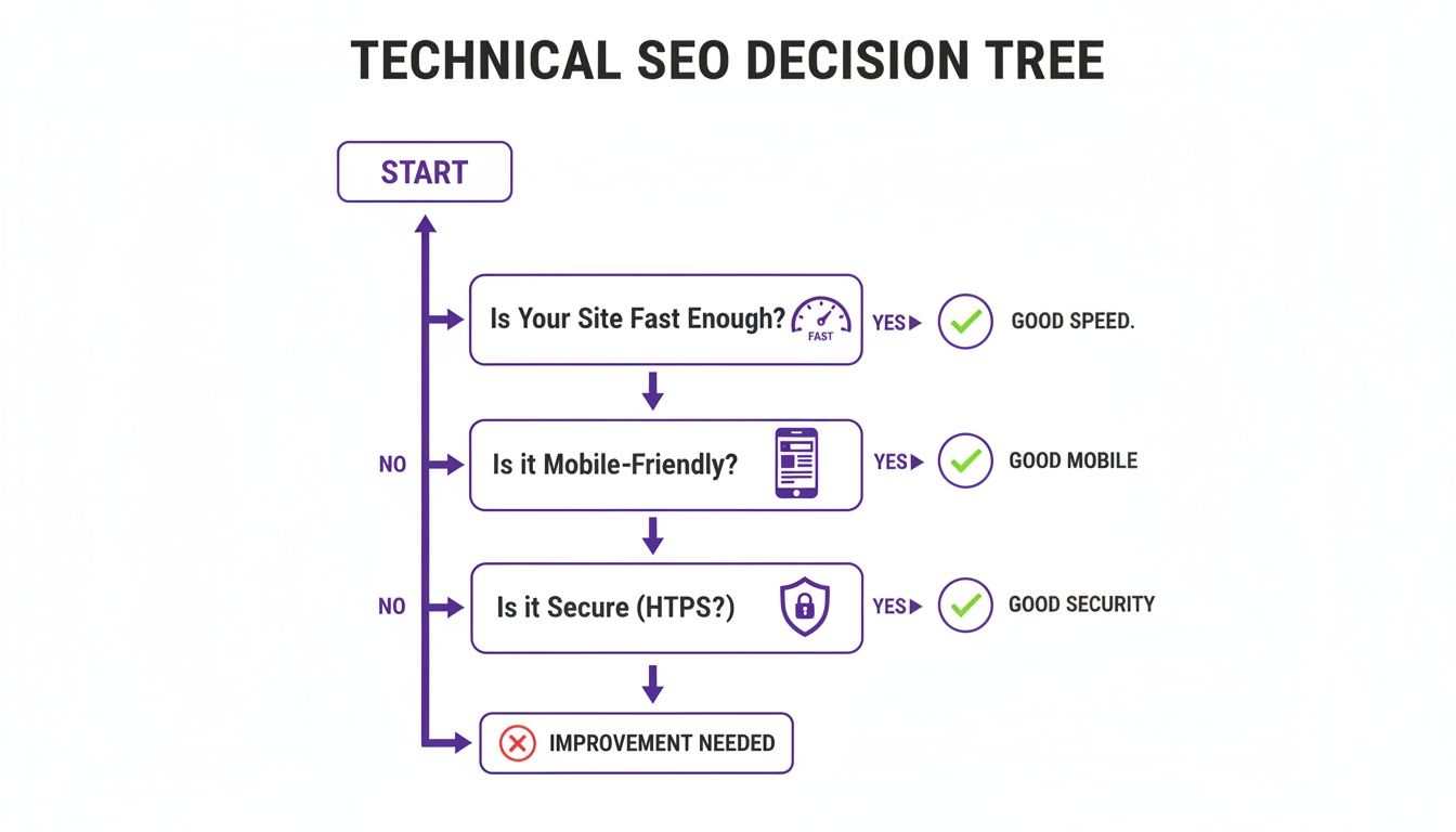 Decision tree flowchart for technical SEO, evaluating site speed, mobile-friendliness, and HTTPS security.