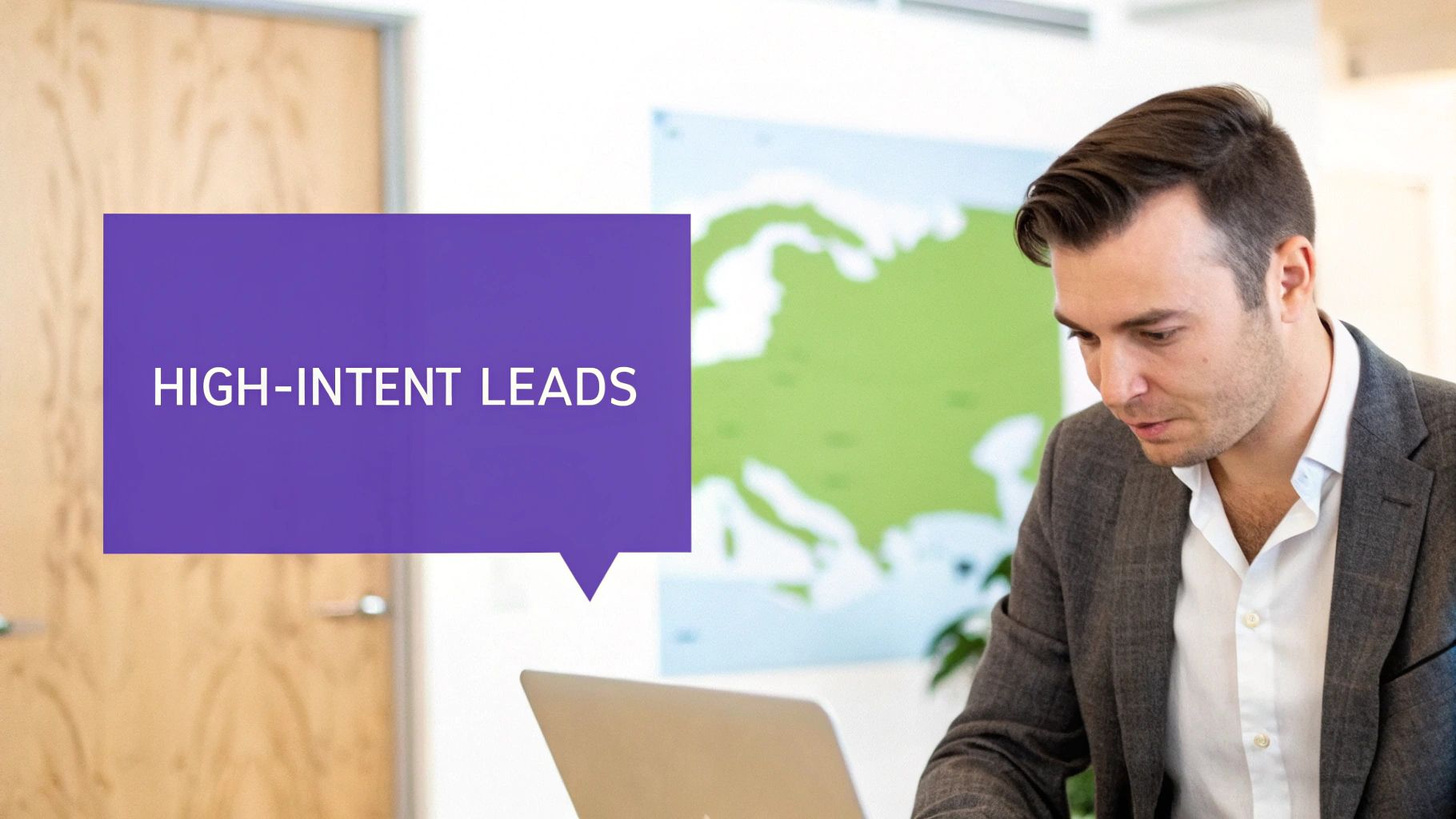 A man in a suit jacket works on a laptop, with a 'HIGH-INTENT LEADS' speech bubble in the foreground.