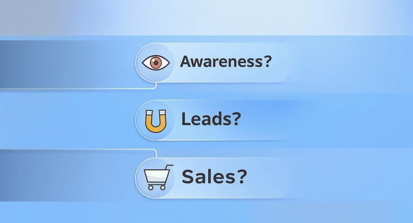 Marketing funnel diagram showing three stages: awareness with eye icon, leads with magnet, and sales with cart