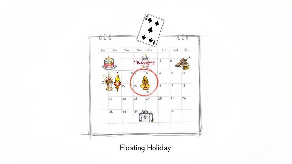 A hand-drawn calendar shows various events, with a meditation icon on the 10th circled, and a '4 of Spades' playing card. Text: Floating Holiday.