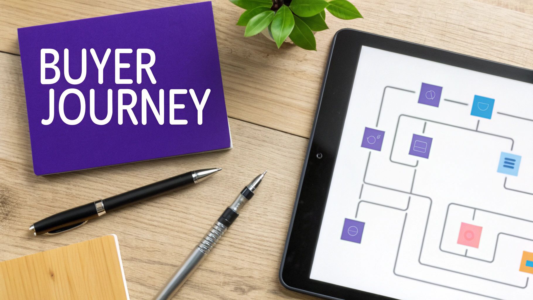 A flat lay shows a purple notebook with 'Buyer Journey' text, pens, a plant, and a tablet displaying a flowchart.