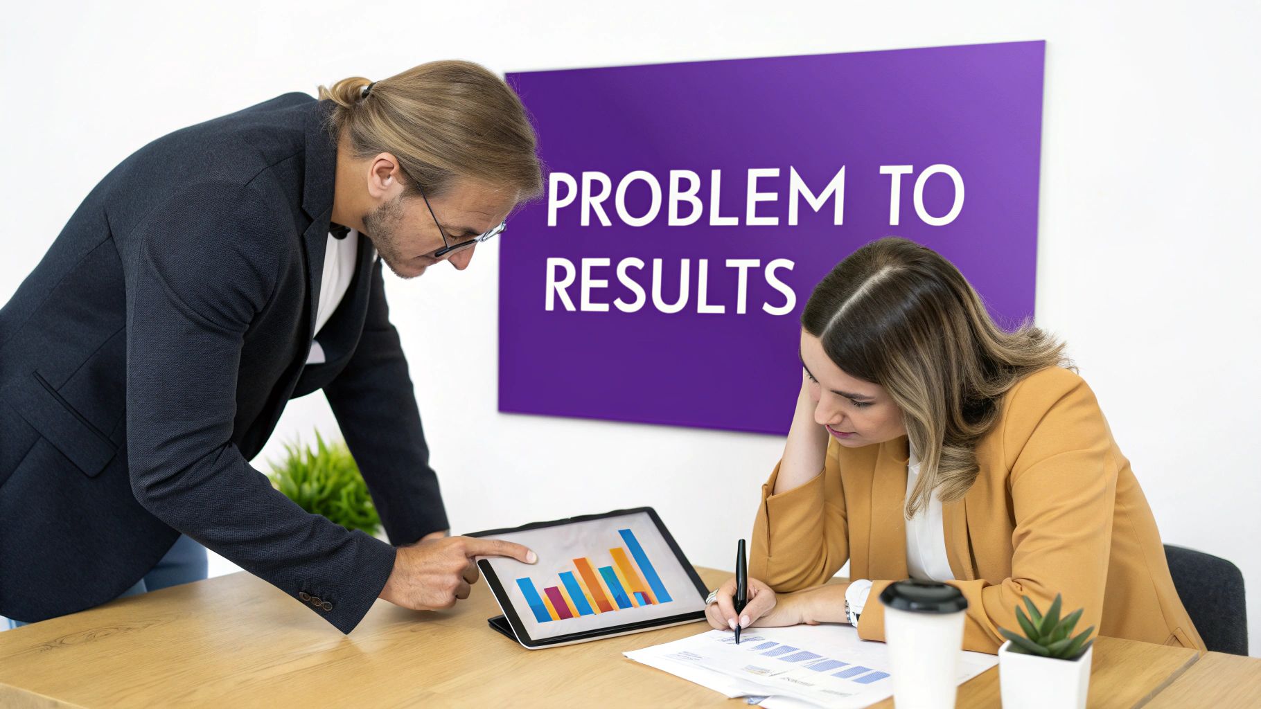 Two business professionals analyzing data on a tablet and paper, with a 'Problem to Results' sign.