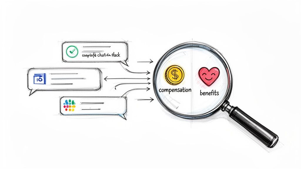 Digital communication inputs funnel into a magnifying glass analyzing employee compensation and benefits.
