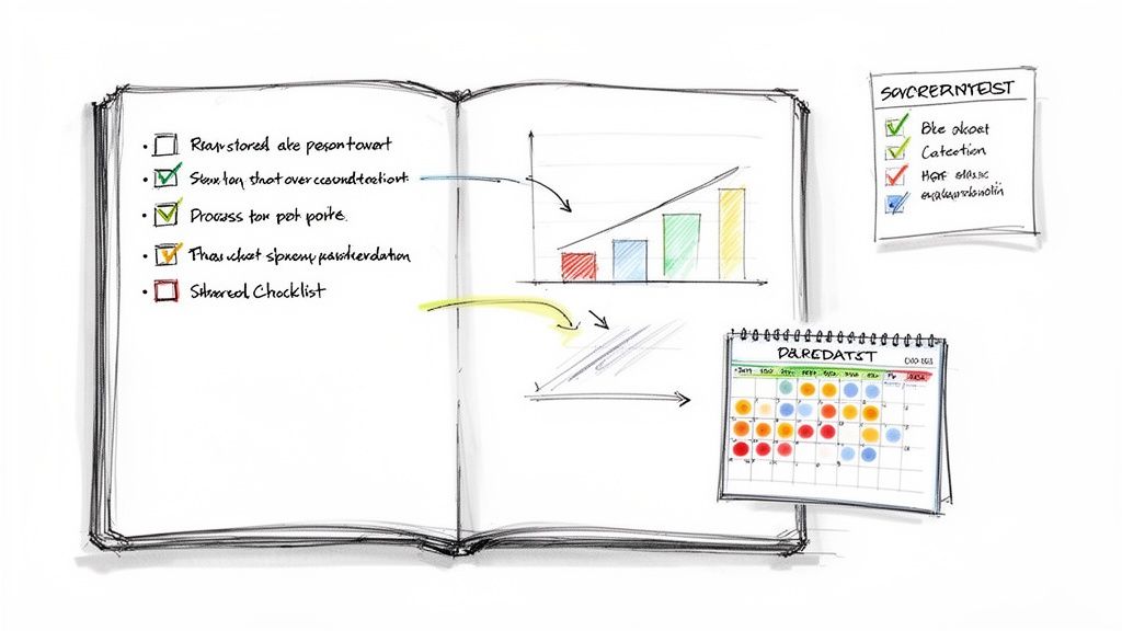 Sketchbook with hand-drawn charts, checklists, and calendar for task management and planning.