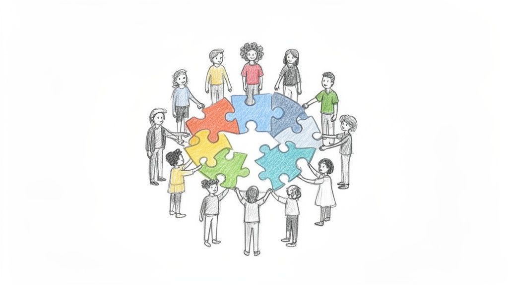 Diverse group of people collaboratively assembling colorful puzzle pieces in a circle, symbolizing teamwork and unity.