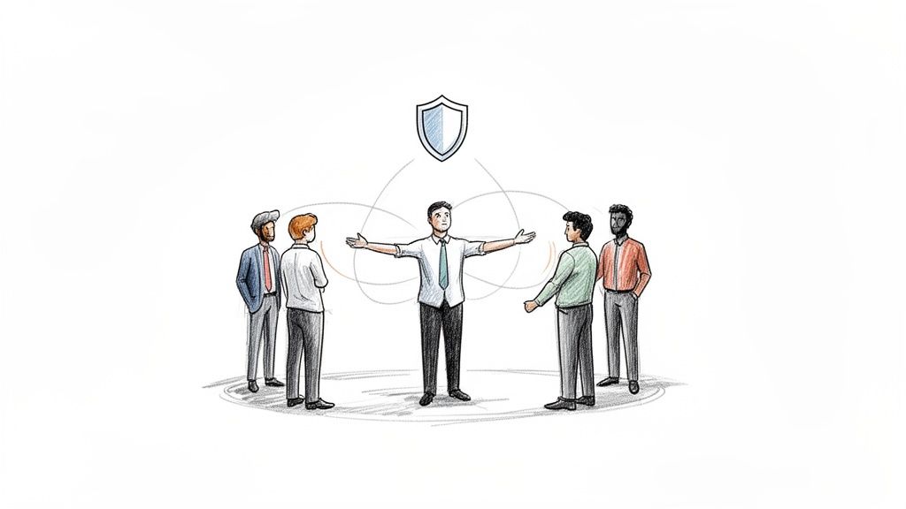 Illustration of a manager with open arms protecting a diverse group of employees under a security shield.