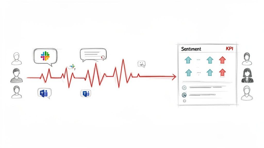 Visualizing employee sentiment and KPIs from communication platforms like Slack and Teams for HR analytics.