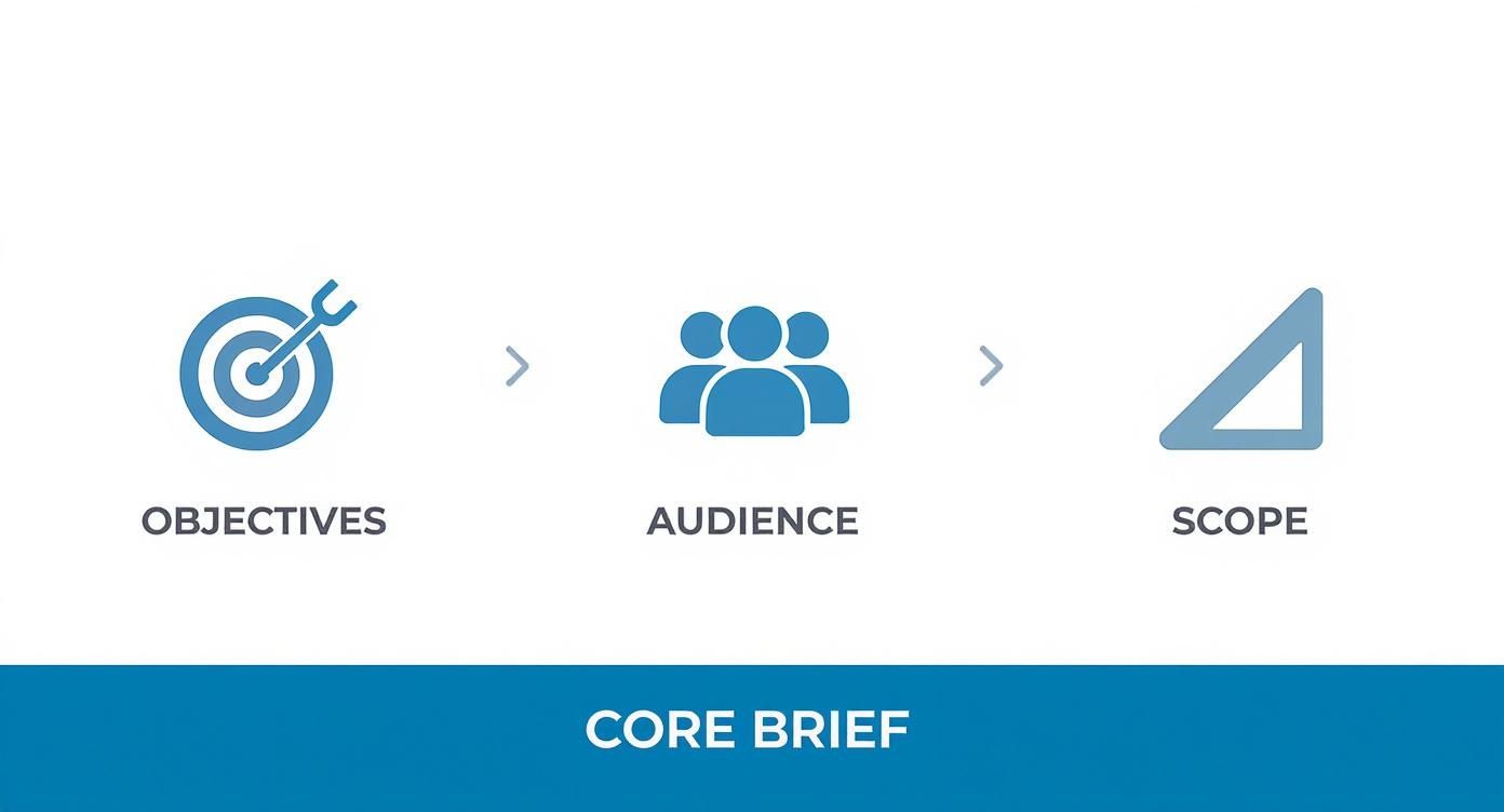 Infographic illustrating the core components of a design project brief, showing icons for Objectives, Audience, and Scope in a process flow.
