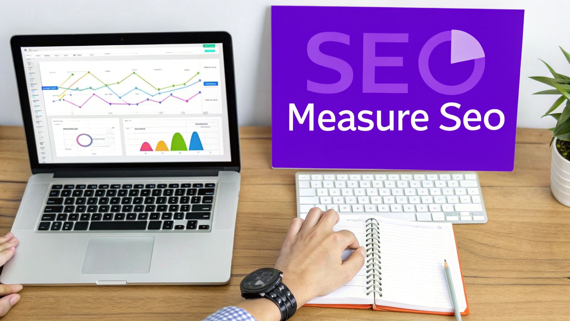 A person pointing at a large screen displaying various SEO metrics and analytics dashboards.
