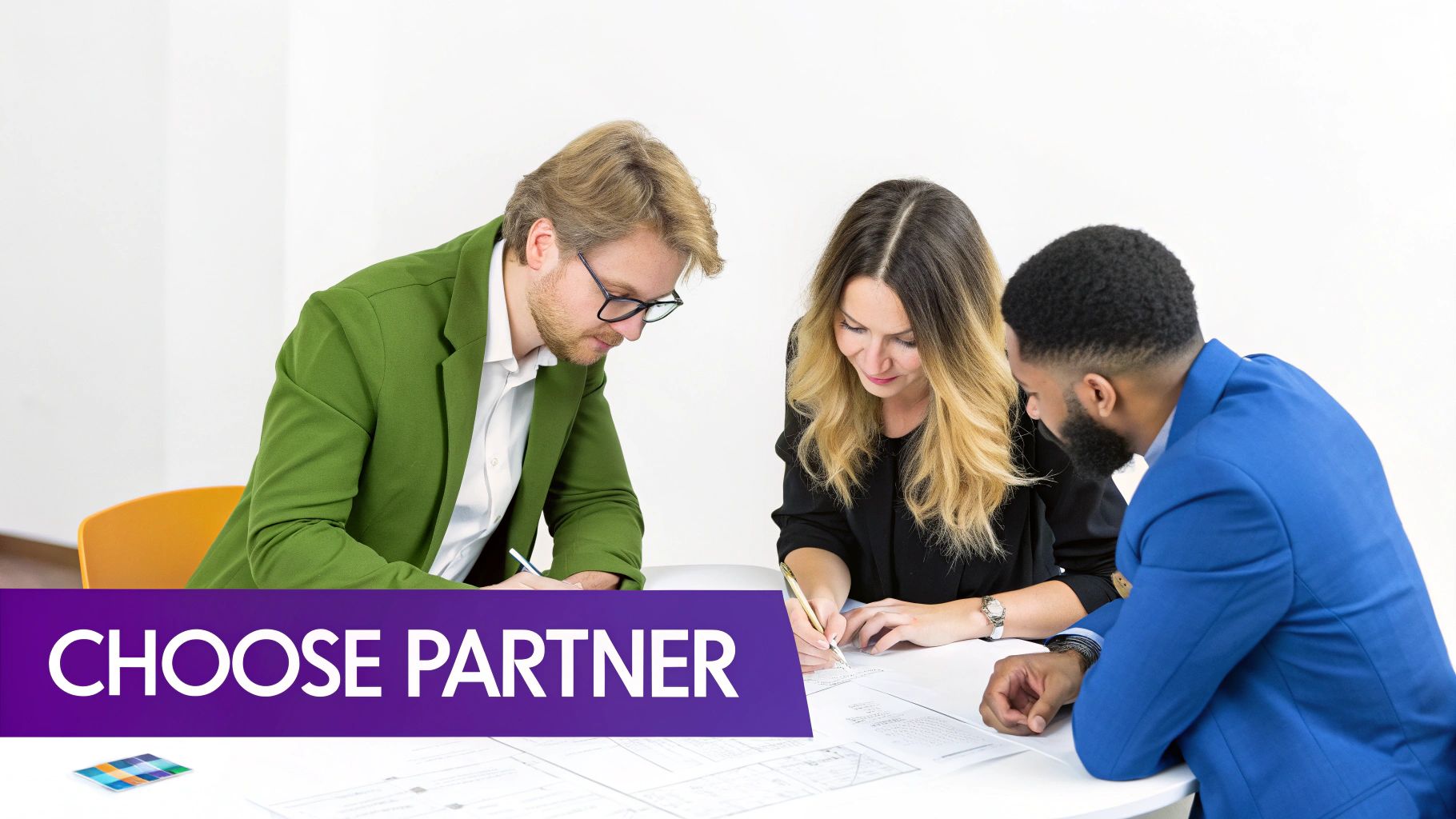 Three diverse professionals collaborating at a table, reviewing documents and making notes.