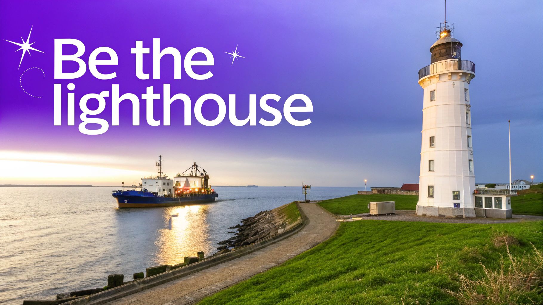 A tall white lighthouse overlooking the sea at sunset, with a ship sailing and a grassy path.
