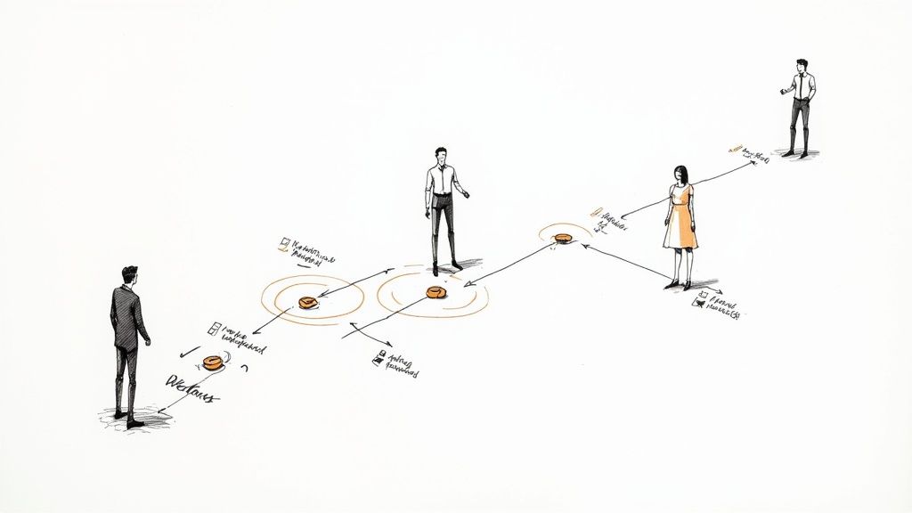 A diagram illustrating a professional journey or recruitment process with people, paths, and stages.