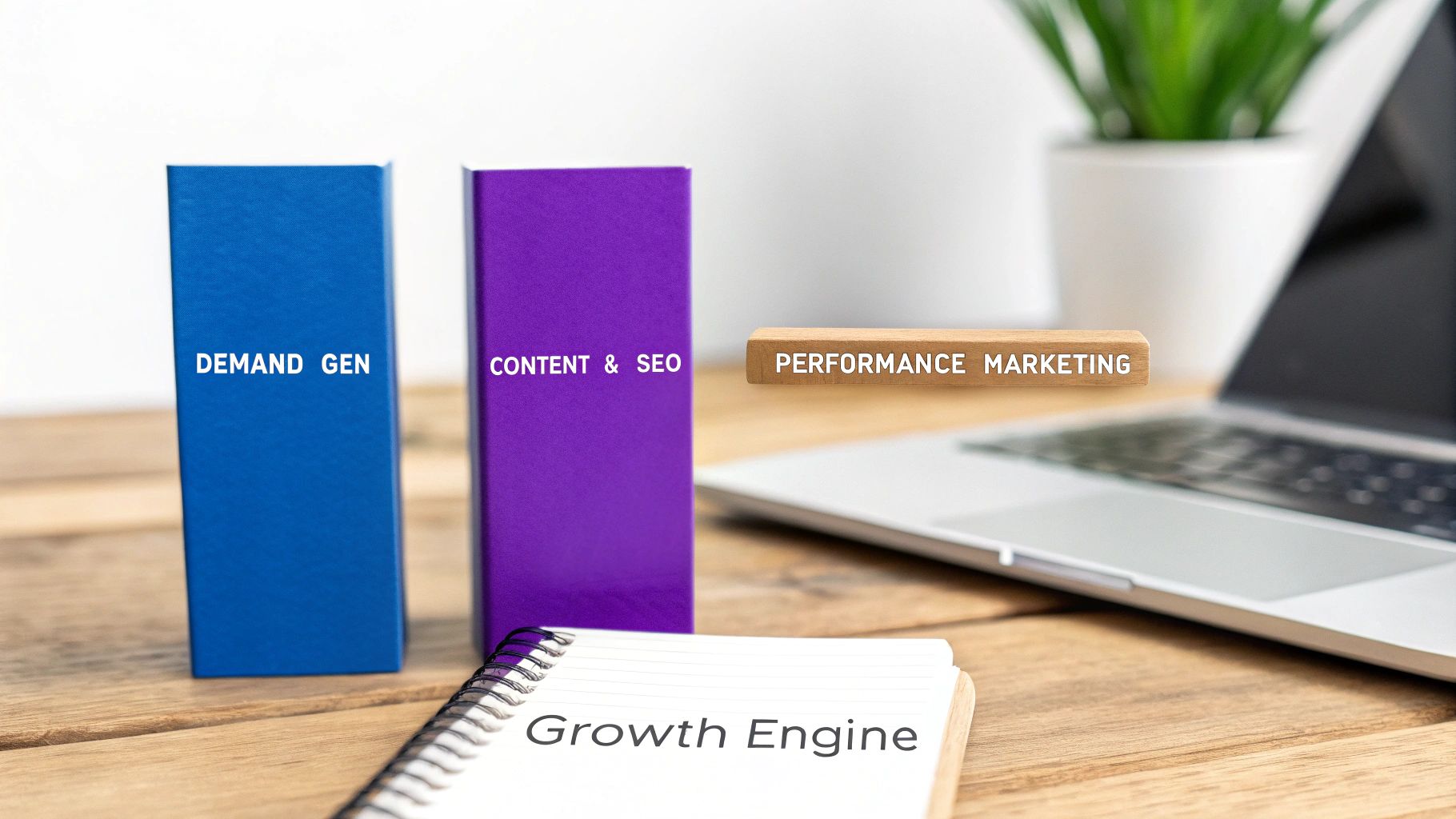 Marketing concepts: Demand Gen, Content & SEO, Performance Marketing, and Growth Engine on a wooden desk.