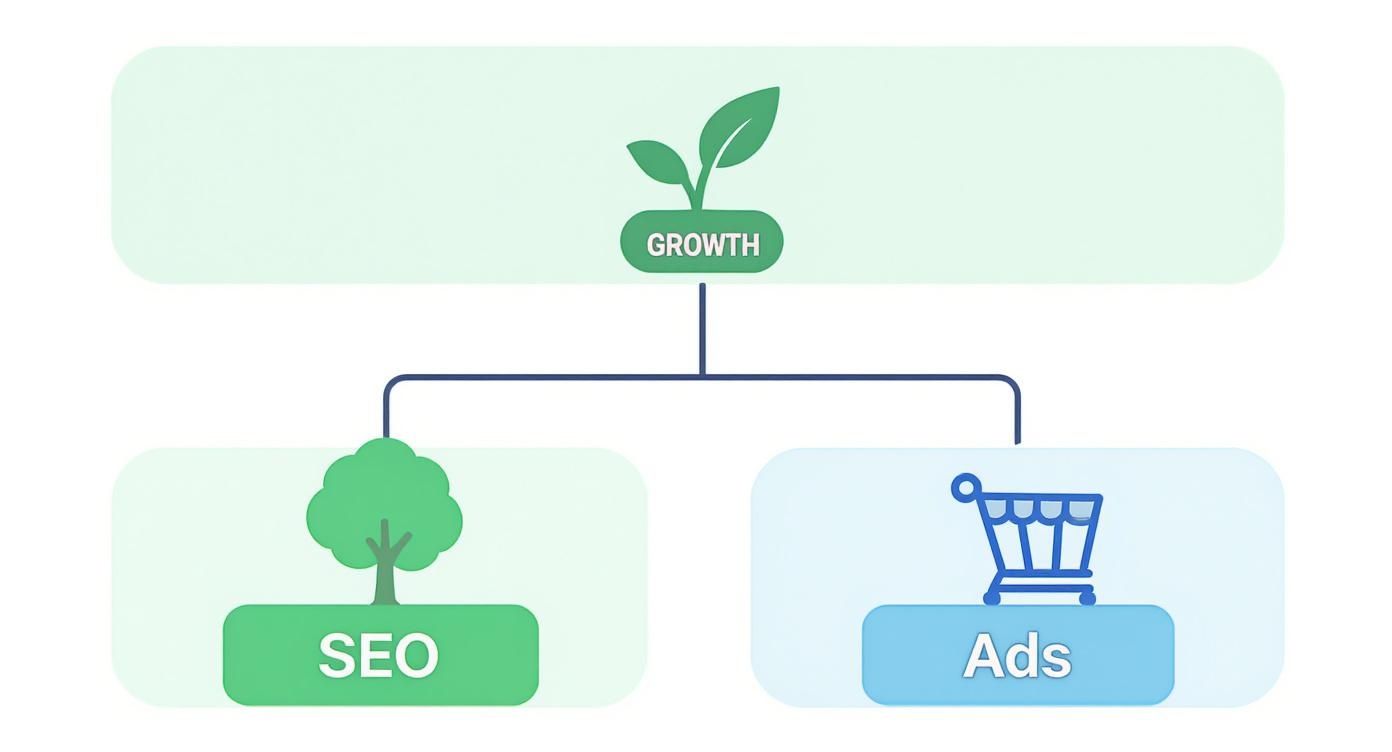Flowchart illustrating business growth strategies: SEO (Search Engine Optimization) and online Ads.