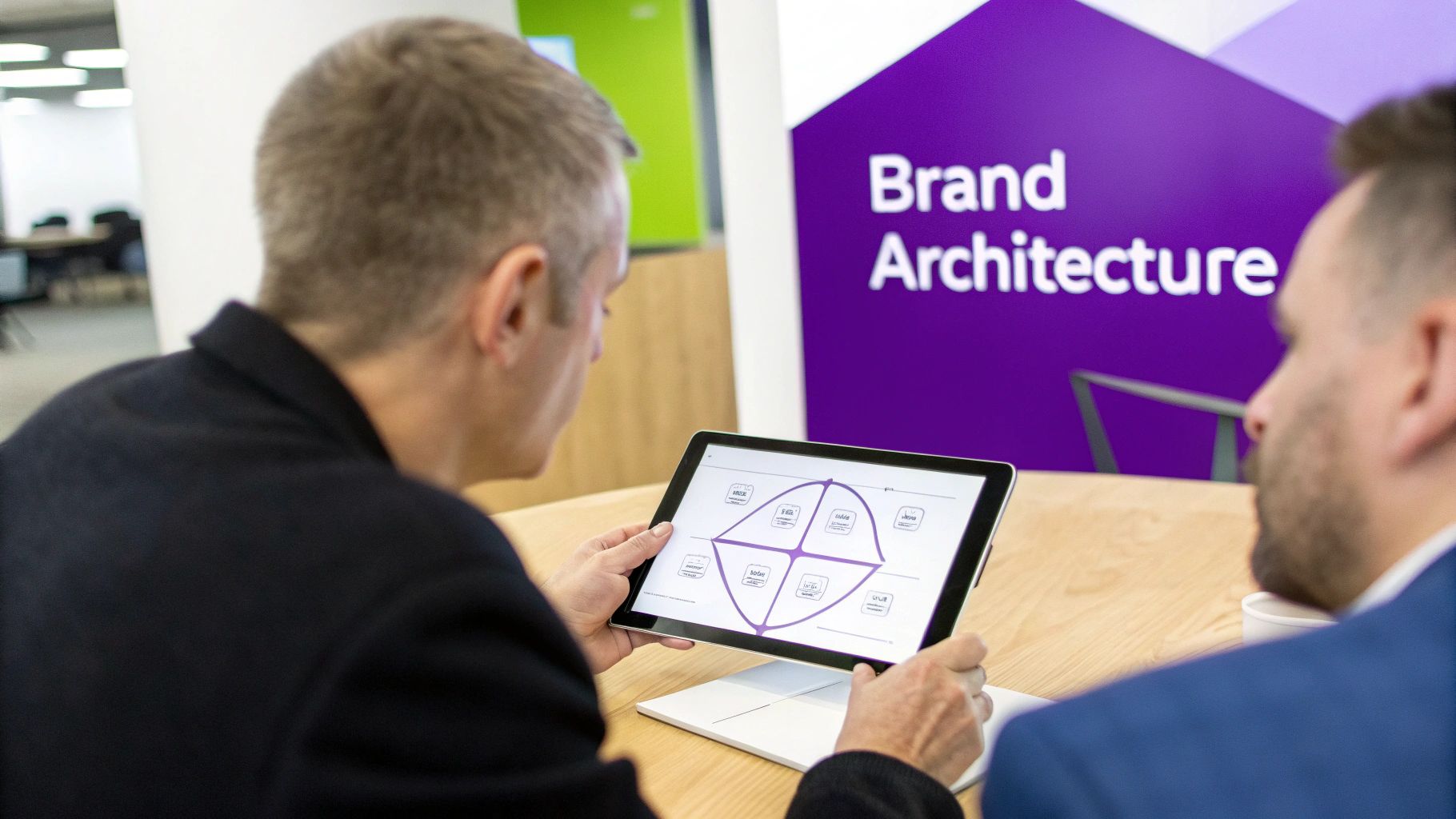 Two men in an office examining a brand architecture diagram on a tablet.