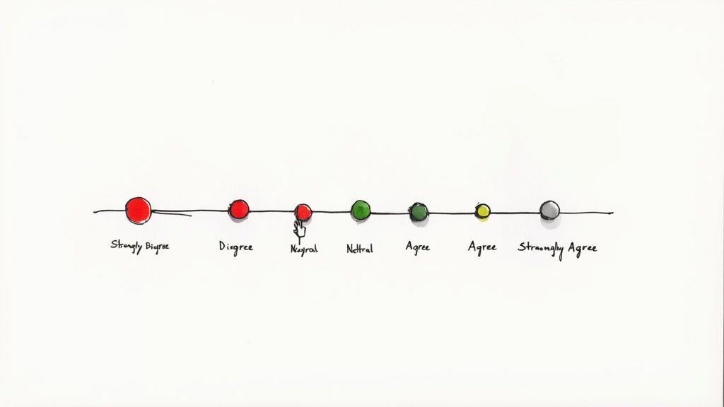 A hand-drawn agreement scale with colored circles, showing options from strongly disagree to strongly agree, with a cursor pointing to a red 'Neutral' option.