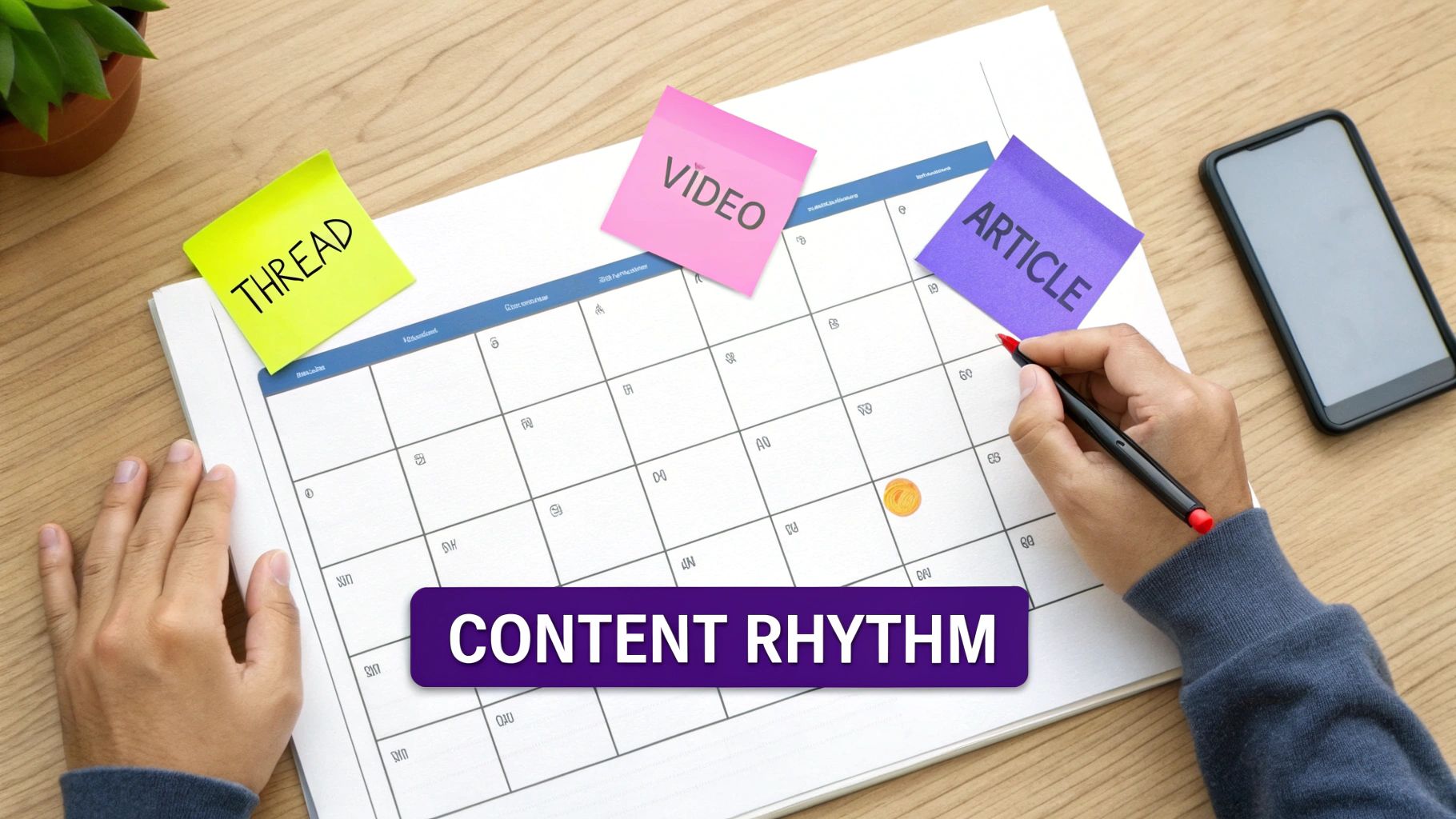 A person plans content on a calendar with sticky notes for Thread, Video, Article, and Content Rhythm.