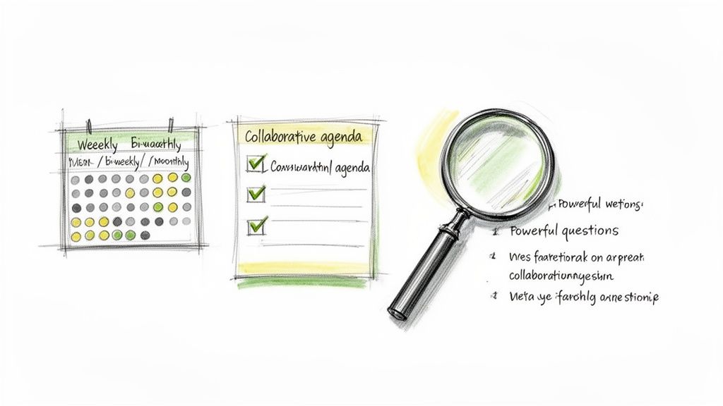 A sketch of a calendar, a checklist for a collaborative agenda, and a magnifying glass over powerful questions.