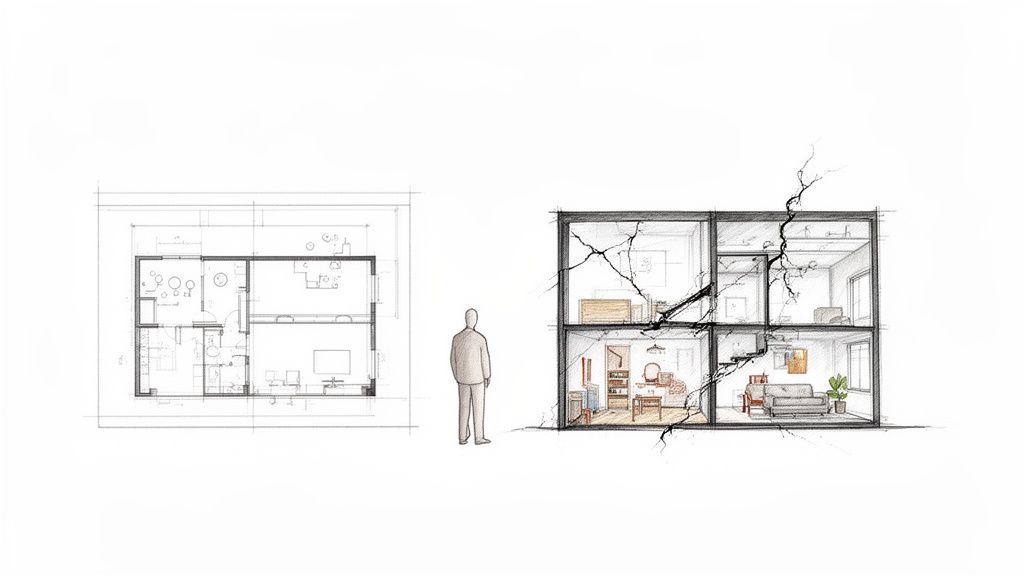 Architectural sketches showing a floor plan and a cross-section of a cracked house, with a person.