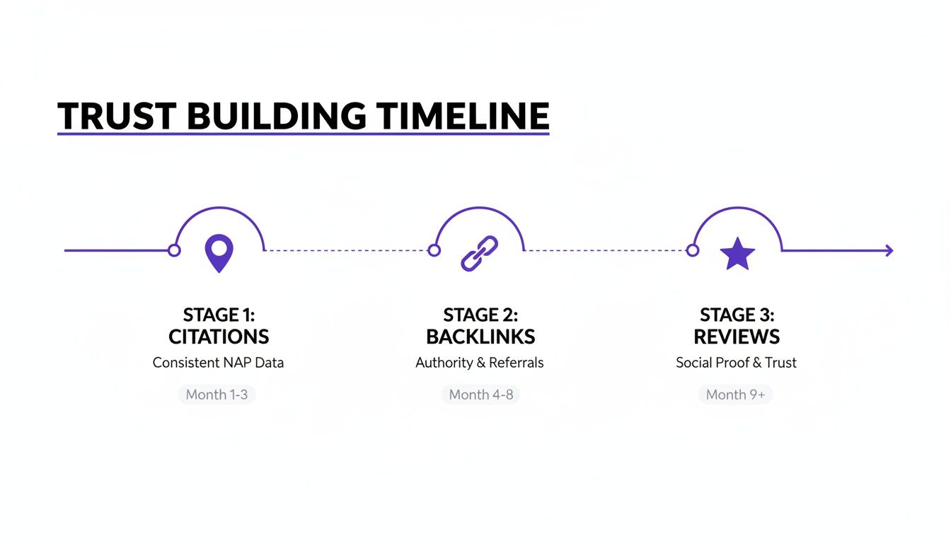 A trust-building timeline infographic with three stages: citations, backlinks, and reviews for SEO.