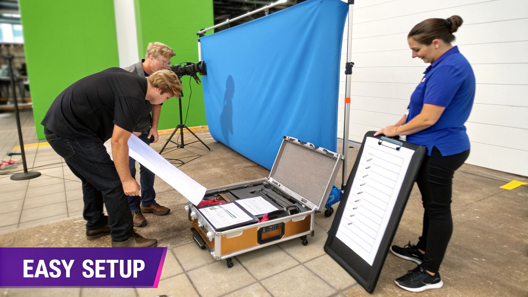 Photography team setting up portable studio equipment with backdrop and lighting for professional photo shoot