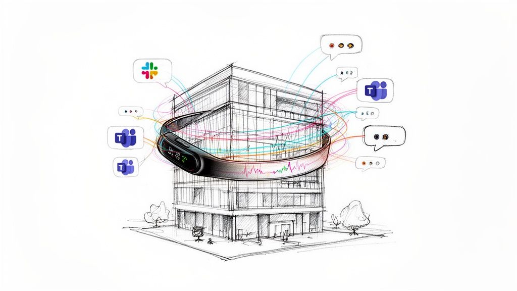 A sketch of an office building with a fitness tracker, connected to Slack and Teams logos, showing data flow.