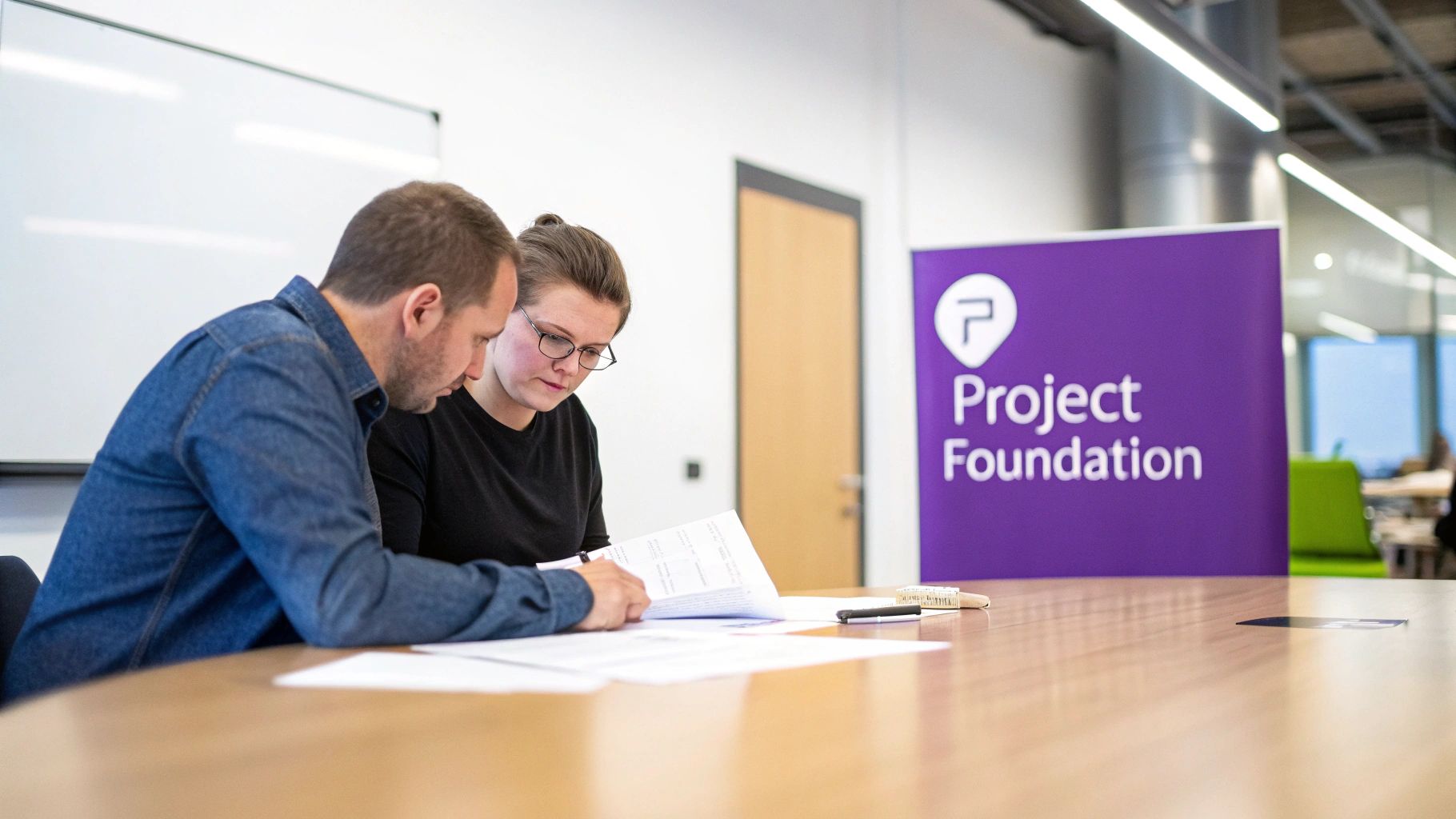 A team collaborating around a table with design documents, symbolizing a design project brief.